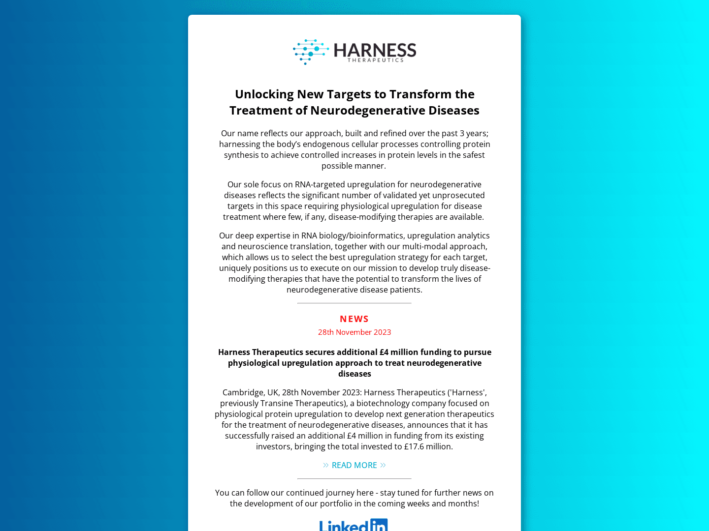 Harness Therapeutics Raises £4 Million for Huntington's Disease Research